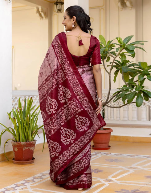 Vasthrlay Womens Printed Pink And Maroon Saree With Unstitched Blouse Piece