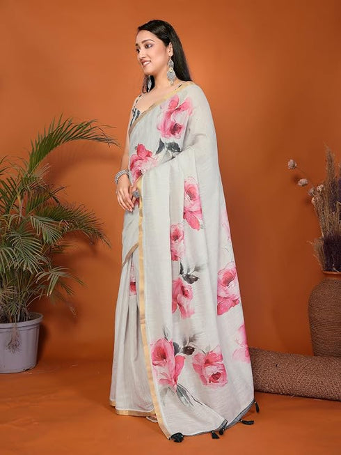 Vasthrlay Light Cream Linen Floral | Striped | Check Design Printed Saree With Solid Unstitched Linen Blouse Piece