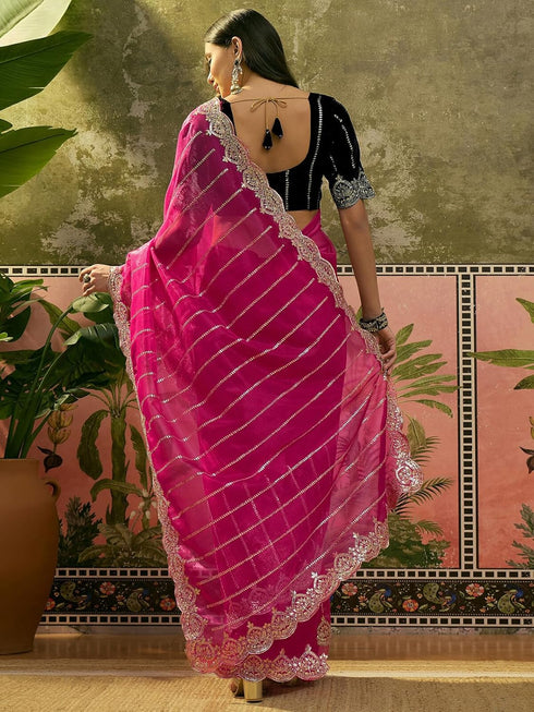Vasthrlay Embroidery Scalloped Unstitched Navy Blue Saree
