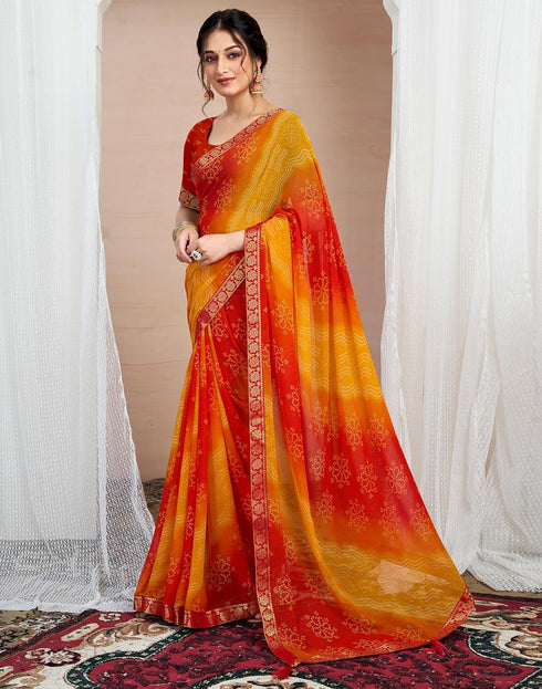 Vasthrlay Chiffon Bandhani Unstitched Yellow Saree