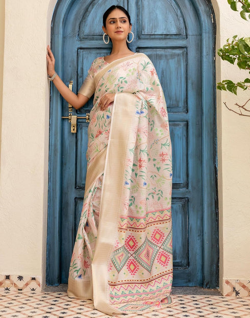 Vasthrlay Womens Printed Unstitched Beige Saree