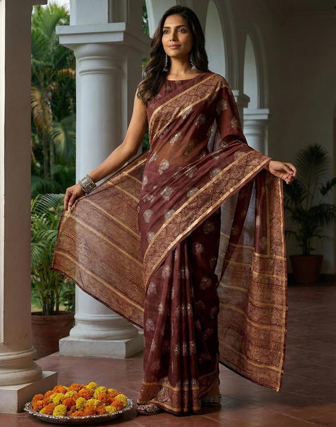Vasthrlay Chanderi Printed Unstitched Beige Saree