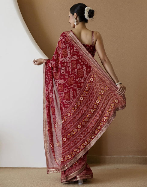 Vasthrlay Georgette Bandhani Unstitched Maroon Saree