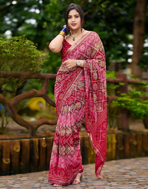 Vasthrlay Georgette Bandhani Red Saree With Unstitched Blouse Piece