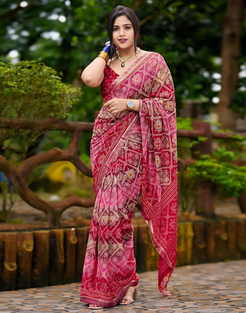 Vasthrlay Georgette Bandhani Unstitched Maroon Saree