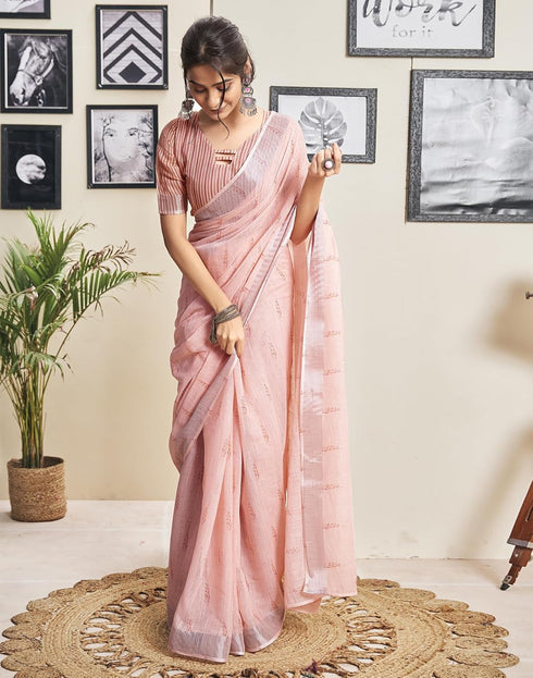 Vasthrlay Printed Striped Unstitched Peach Saree