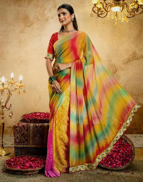 Vasthrlay Georgette Bandhani Unstitched Orange Saree