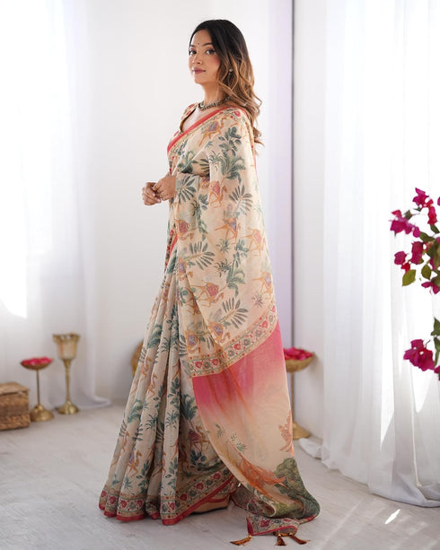 Vasthrlay Handloom Beige Blue Traditional Saree