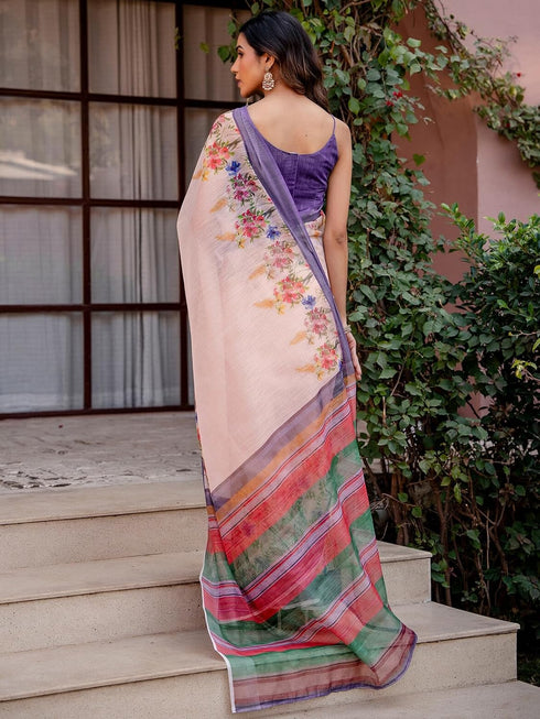 Vasthrlay Womens Printed Unstitched Multicolor Saree