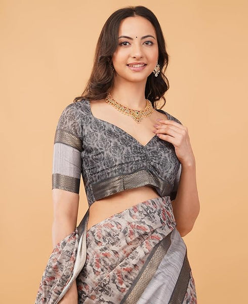 Vasthrlay Slate Grey Abstract Floral Polyester Saree With Zari Border And Ruched Unstitched Blouse Piece