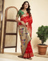 Vasthrlay Jacquard Paithani Red Saree With Green Unstitched Blouse Piece