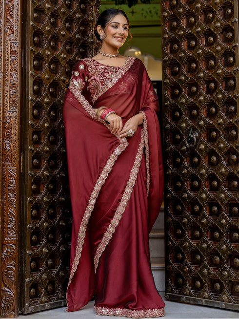 Vasthrlay Sequins Embroidery Unstitched Maroon Saree