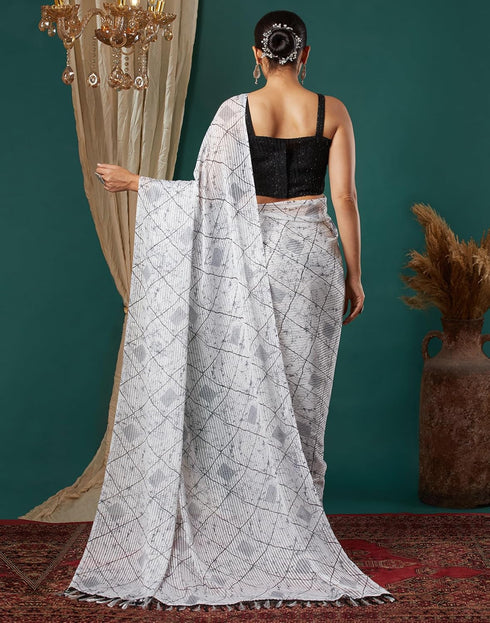 Vasthrlay Georgette Bandhani Unstitched White Saree