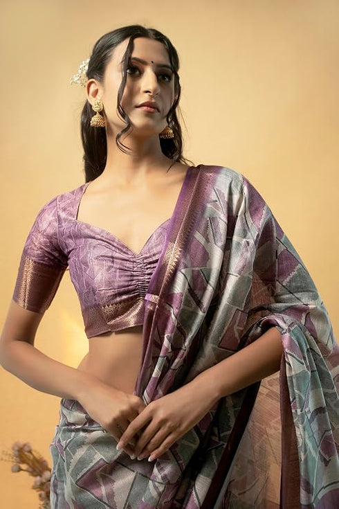 Vasthrlay Pink Geometric Print Polyester Saree With Dull Gold Zari Border And Unstitched Blouse Piece