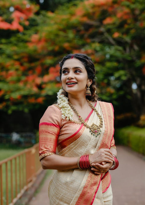 Vasthrlay White Banarasi Unstitched Saree