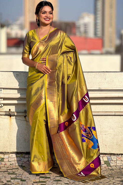 Vasthrlay Kanjivaram Paithani Unstitched Mahendi Ethnic Wear