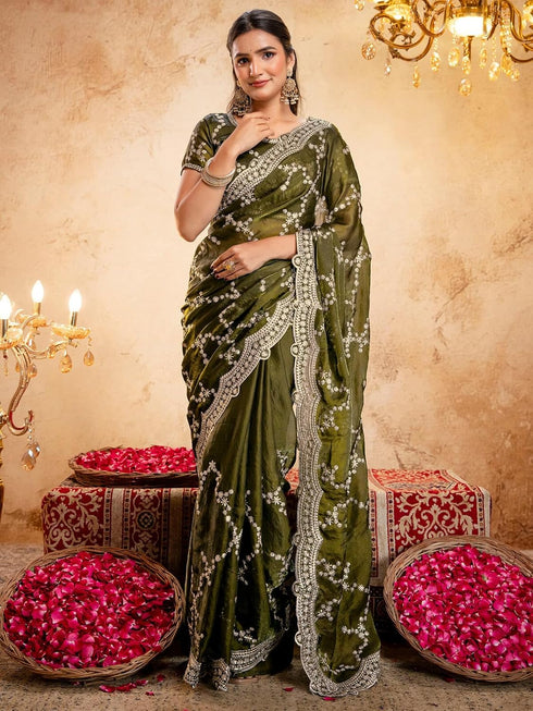 Vasthrlay Scalloped Embroidery Unstitched Light Green Saree