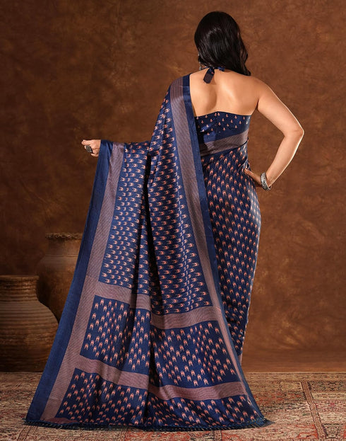 Vasthrlay Womens Printed Navy Blue Saree With Unstitched Blouse Piece