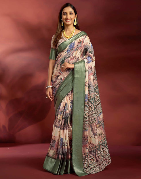 Vasthrlay Printed Jacquard Unstitched Rama Green Saree