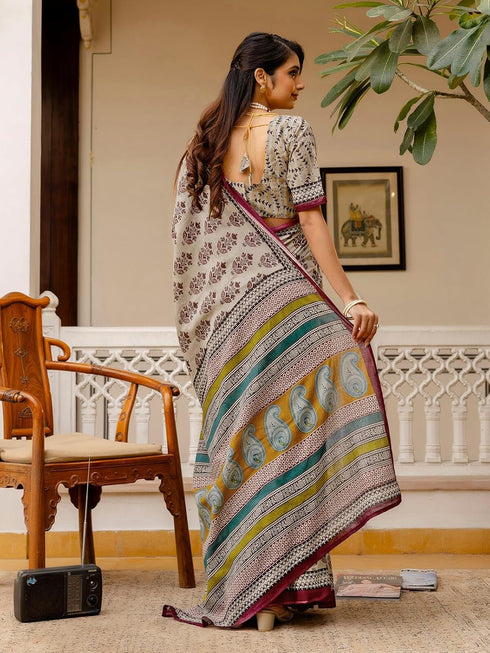 Vasthrlay Womens Printed Unstitched Beige Saree