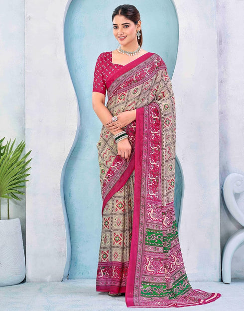 Vasthrlay Georgette Bandhani Pink Saree With Unstitched Blouse Piece