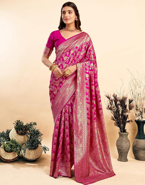 Vasthrlay Womens Banarasi Pink Saree With Unstitched Blouse Piece