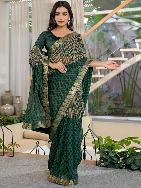 Vasthrlay Georgette Bandhani Dark Green Saree With Unstitched Blouse Piece
