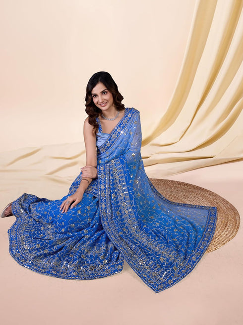 Vasthrlay Georgette Embroidery Unstitched Skyblue Ethnic Wear