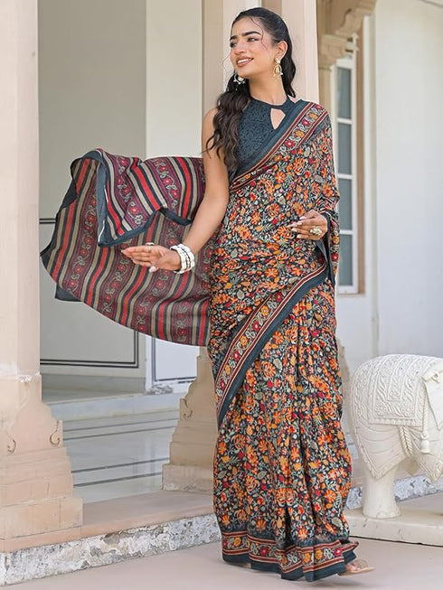 Vasthrlay Womens Printed Unstitched Dark Green Saree