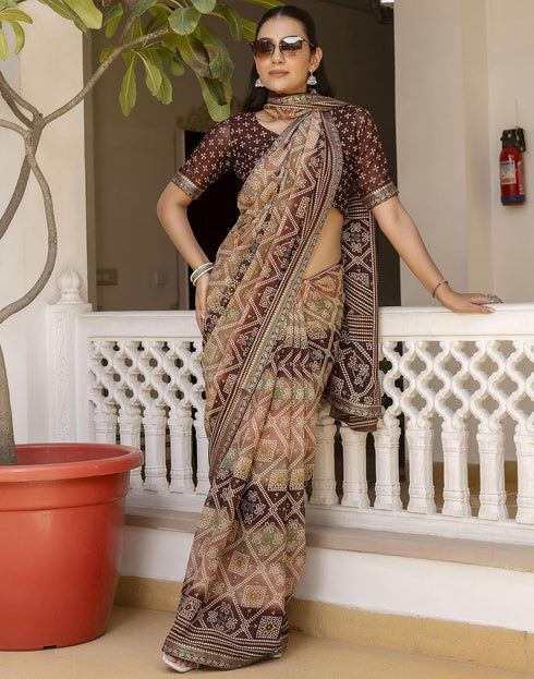 Vasthrlay Georgette Bandhani Brown Saree With Unstitched Blouse Piece