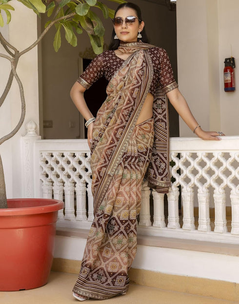 Vasthrlay Georgette Bandhani Unstitched Maroon Saree