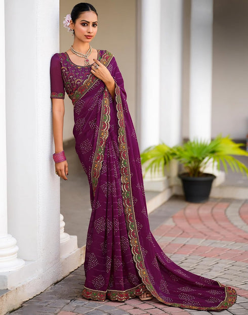 Vasthrlay Georgette Scalloped Blue | Multicolour Saree With Unstitched Blouse Piece