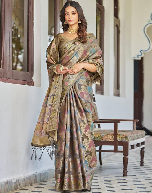 Vasthrlay Banarasi Jacquard Unstitched Grey Saree