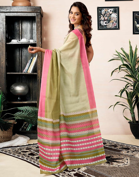 Vasthrlay Chanderi Printed Unstitched Off White Saree