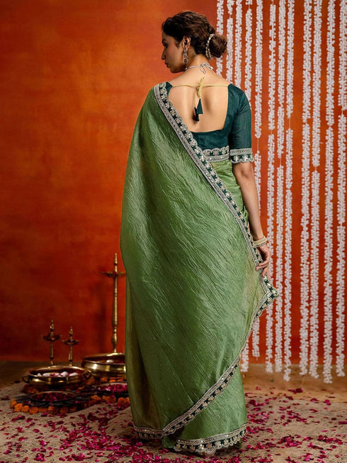 Vasthrlay Shimmer Embroidery Yellow Saree