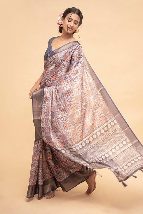 Vasthrlay Mauve Abstract Print Polyester Saree With Antique Zari Border And Unstitched Blouse Piece
