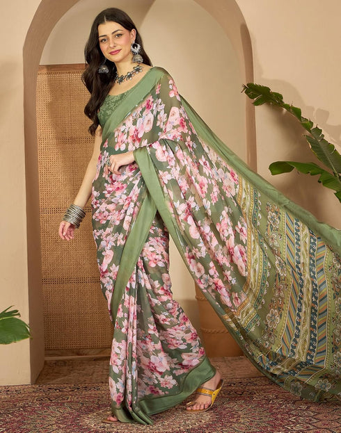 Vasthrlay Womens Printed Unstitched White Saree