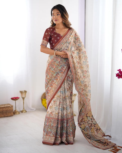 Vasthrlay Beige Blue Traditional Multicolour Saree