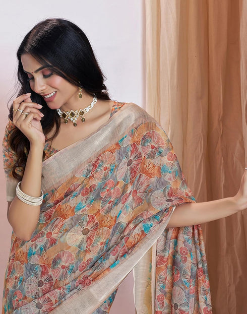 Vasthrlay Womens Printed Unstitched Cream Saree