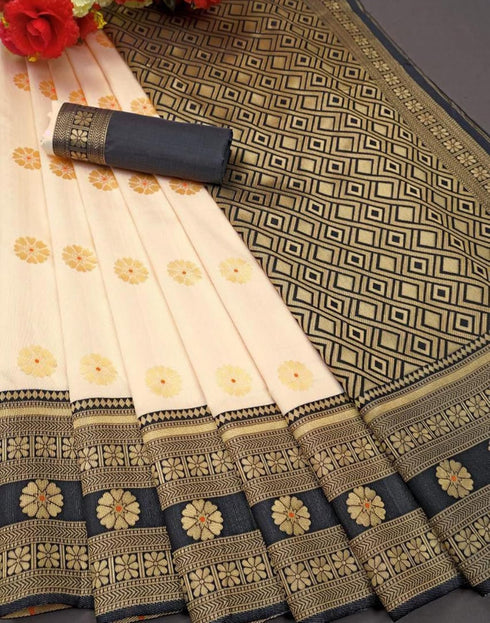Vasthrlay Jacquard Kanjivaram Unstitched Cream Saree