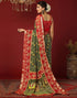 Vasthrlay Georgette Bandhani Olive Green & Red Saree With Unstitched Blouse Piece