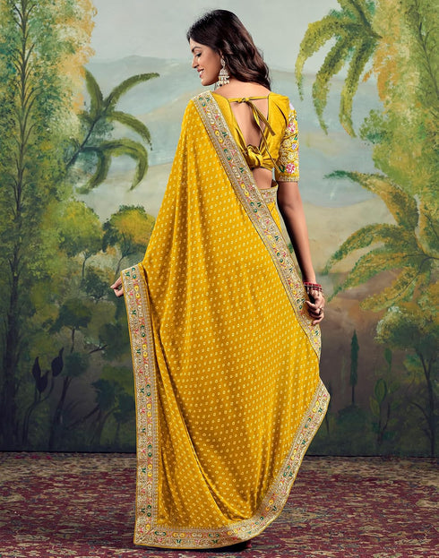 Vasthrlay Embroidery Traditional Yellow Saree With Unstitched Blouse Piece