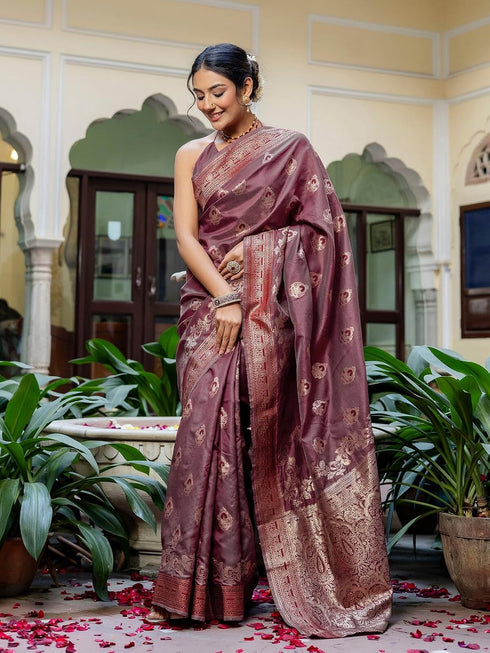 Vasthrlay Banarasi Weaving Maroon Saree With Maroon Unstitched Blouse Piece