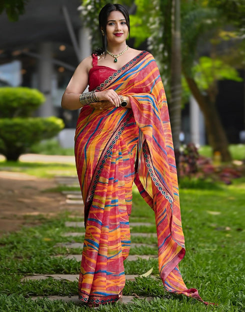 Vasthrlay Chiffon Printed Unstitched Pink Saree