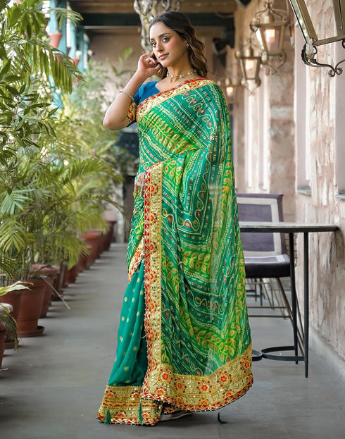 Vasthrlay Bandhani Embroidery Green | Teal Green Saree With Unstitched Blouse Piece