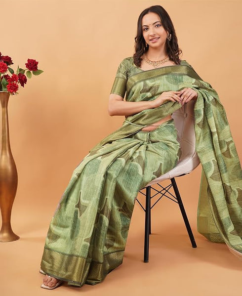 Vasthrlay Slate Lavender Geometric Print Polyester Saree With Dull Gold Zari Border And Unstitched Blouse Piece