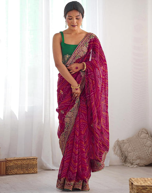 Vasthrlay Georgette Embroidery Pink Saree With Unstitched Blouse Piece