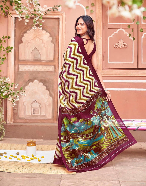 Vasthrlay Womens Abstract Beige Saree With Maroon Unstitched Blouse Piece