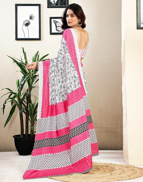 Vasthrlay Womens Printed White And Pink Saree With Unstitched Blouse Piece