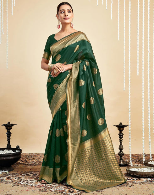 Vasthrlay Womens Banarasi Jacquard Dark Green Saree With Unstitched Blouse Piece